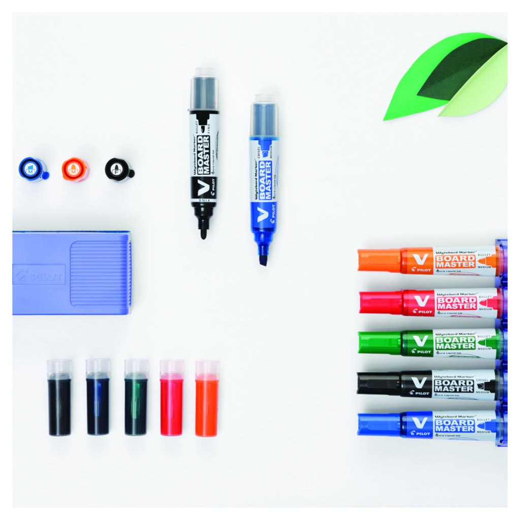 An organised display of Pilot V Board Master refillable whiteboard markers, ink cartridges, and an eraser in vibrant colours, perfect for classrooms, parents, and professionals who prioritise eco-friendly solutions.